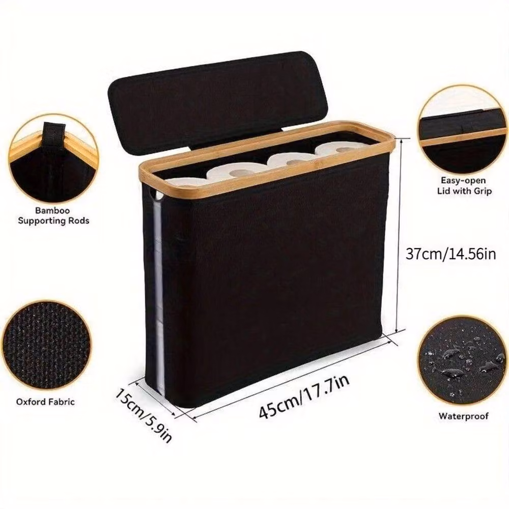 Kelvenix Waterproof Bamboo Toilet Paper Storage Stand with Lid, Black, W: 50 cm – 2
