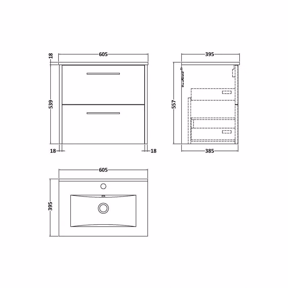 Balterley Winshill Contemporary 2 Drawer Wall Hung Vanity Basin Unit, Grey, W: 60 cm, D: 55.7 cm – 4