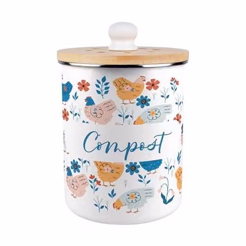 Purely Home Botanical Chickens Compost Caddy - Blue Metal Kitchen Food Waste Bin with Removable Inner Bucket and Odour Filter, 2L