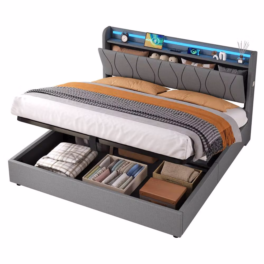 ModernLuxe Upholstered King Ottoman Bed with LED Storage Headboard and USB Charging Port in Grey, W/D/H: 150 x 200 x 105 cm – 6