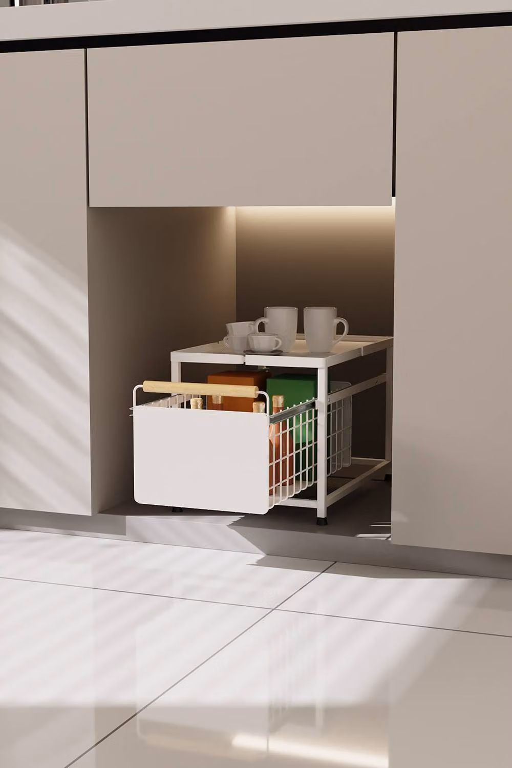 Living and Home 2-tier Metal Kitchen Pull-Out Storage Drawer Basket Organiser Spice Rack, White, W: 39.0 cm, D: 25.5 cm – 2
