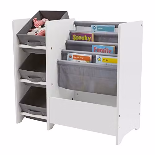 Liberty House Toys Kids White Lacquered Wood Display Unit with Grey Fabric Storage Boxes, W/D/H: 60 x 30 x 65 cm