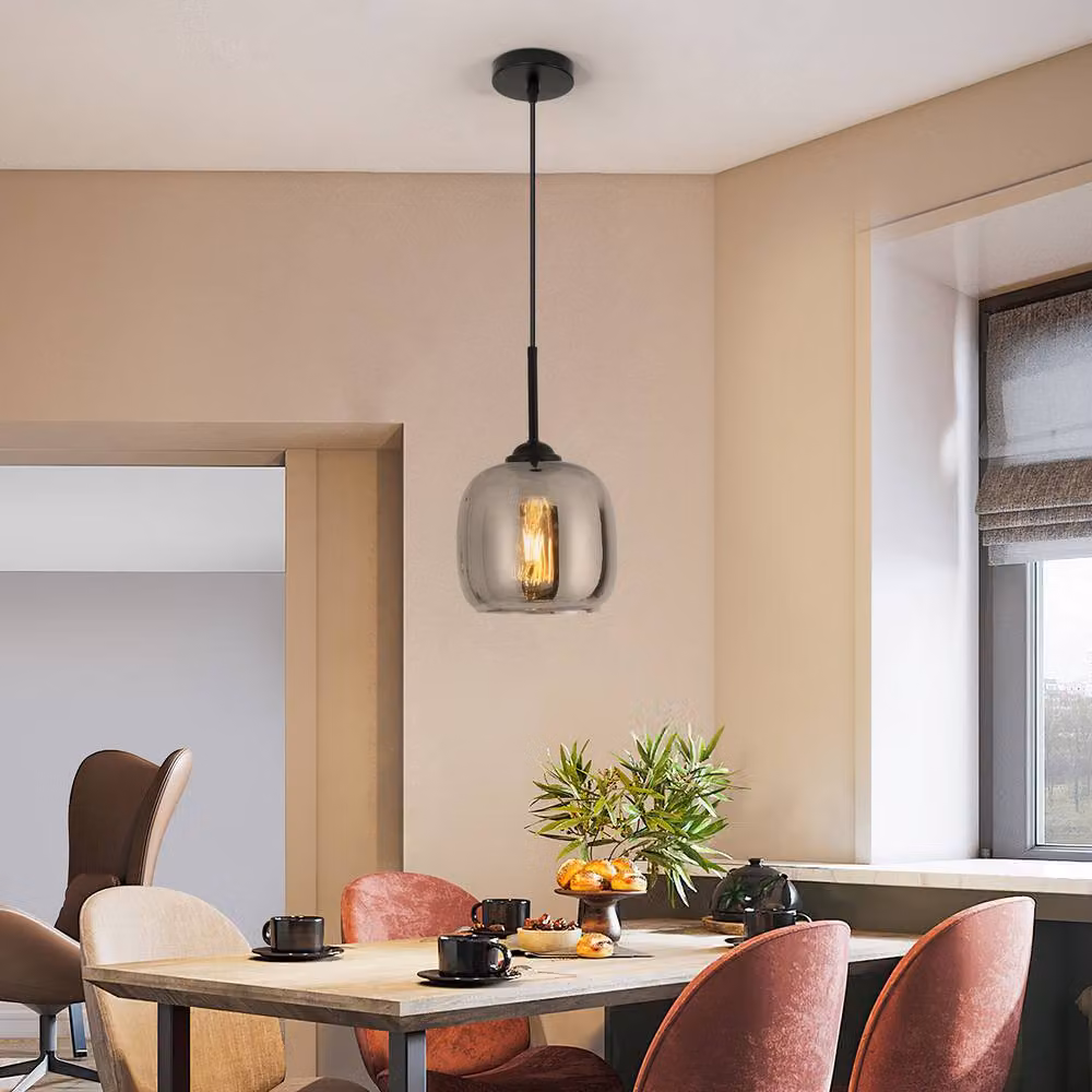 Pheashine Modern Round Smoked Grey Glass Pendant Light with Black Base and E27 Socket – 3