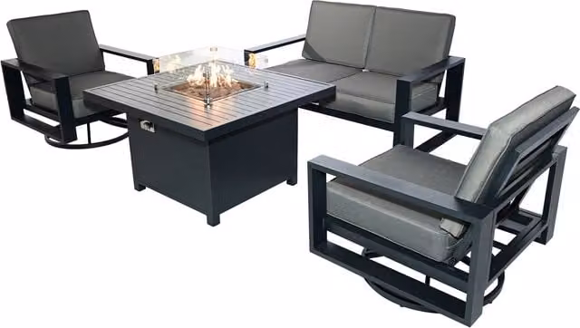 Furniture One 4 Seater Aluminium Garden Sofa Set with Cube Fire Pit Table in Grey