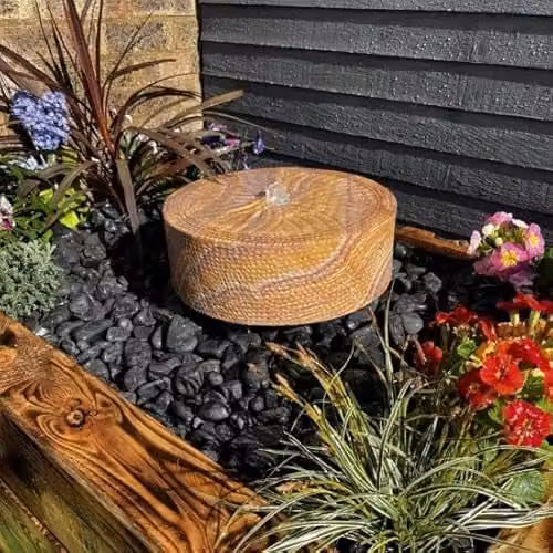 Tranquility Sandstone Millstone Natural Stone Water Feature in Sand, Diameter: 38 cm, Mains Powered with Cover