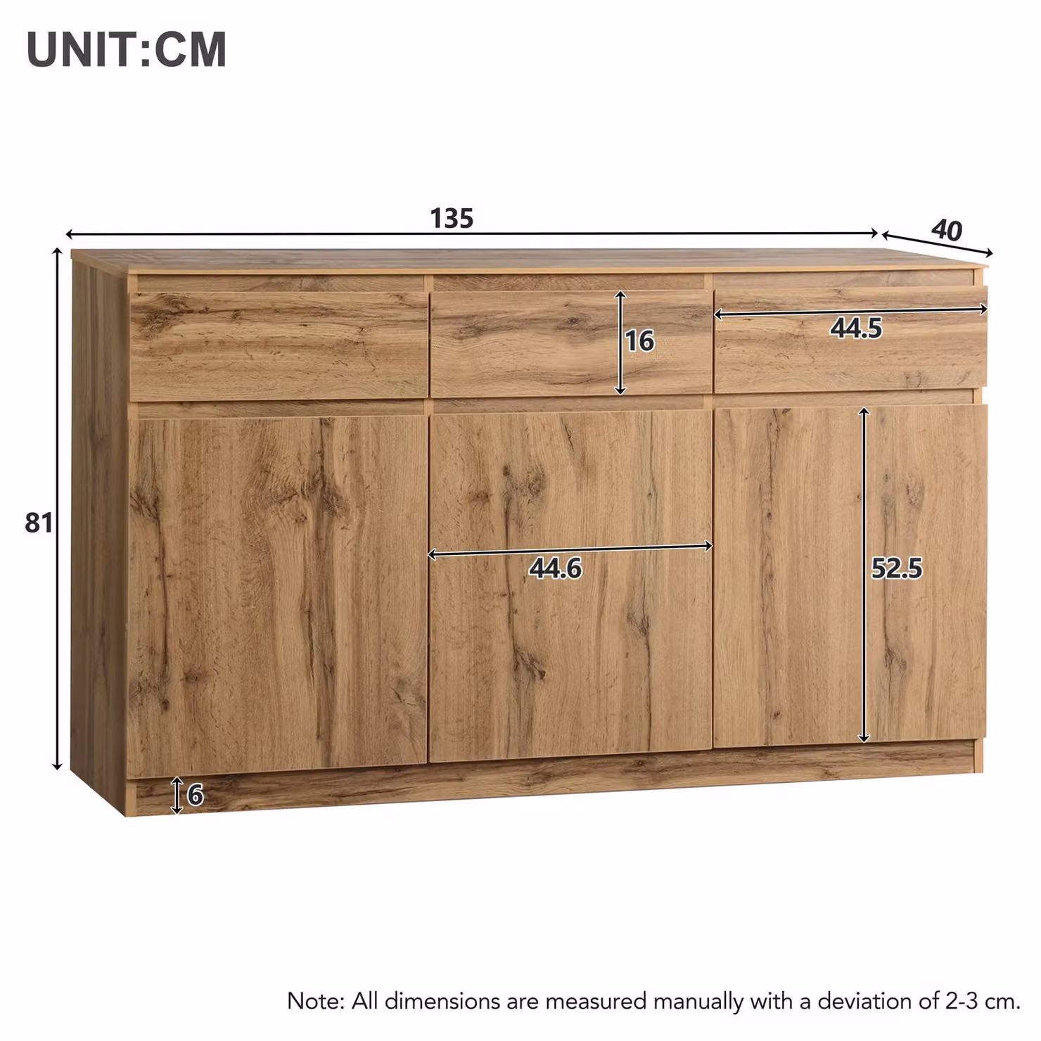 Aosom.UK Farmhouse Oak Buffet Cabinet with 3 Drawers and 3 Doors, Brown, W: 135 cm, D: 40 cm, H: 81 cm – 2