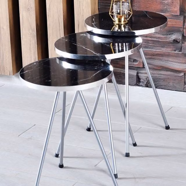 Woohoo Furniture Nest of 3 Round Black Tables with Matt MDF Laminate Tops and Metal Legs