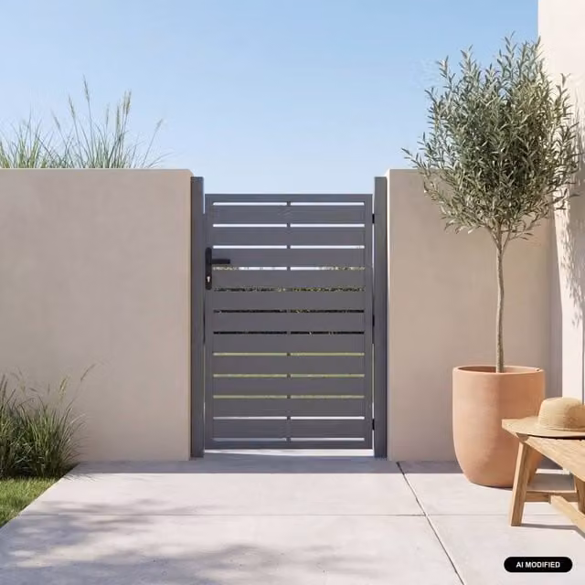 Sweek Aluminium Swing Garden Gate with Lock and Handle in Anthracite Grey, H: 146.0 cm, W: 129.5 cm