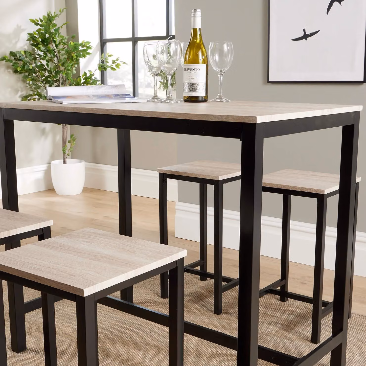 Home Source 5 Piece Industrial Dining Set with Metal Frame and MDF Top in Light Oak, Grey and Black – 3
