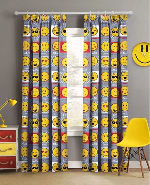 Velosso Grey and Yellow Graphic Emoji Expression Thermal Insulating Opaque Pencil Pleat Curtain Pair