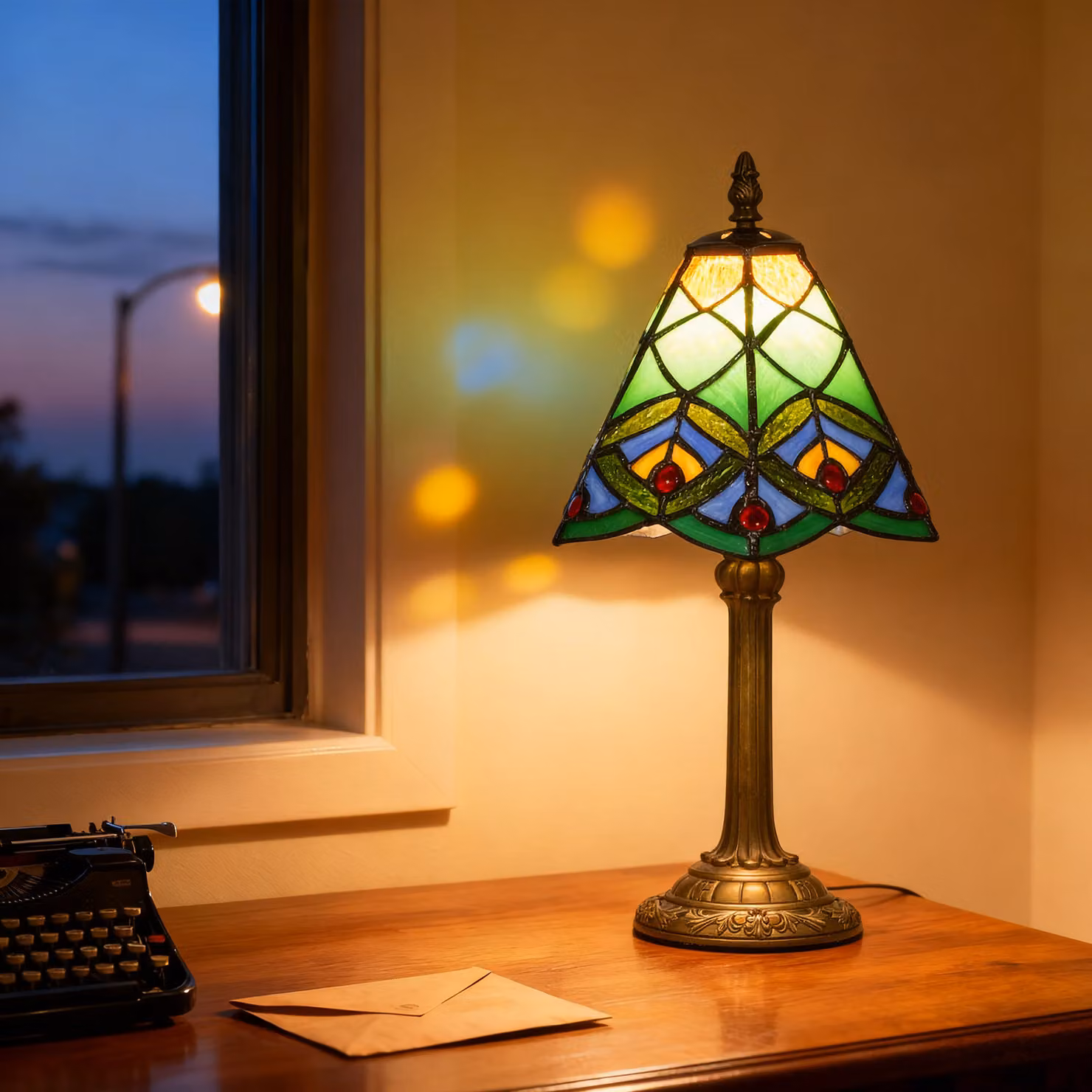HOMCOM Tiffany-Style Stained Glass Table Lamp in Green and Bronze with E27 Socket – 8