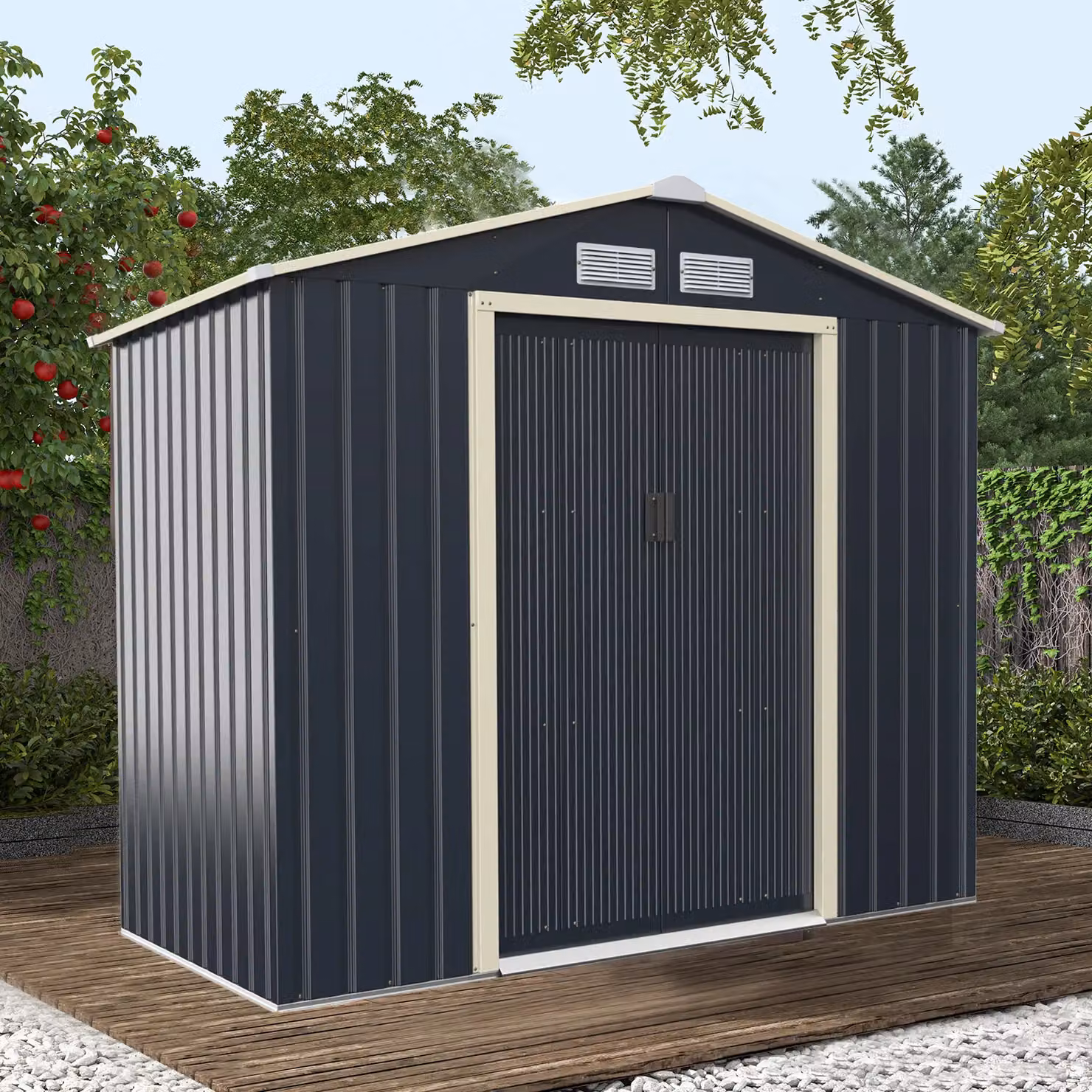 Costway Galvanised Metal Garden Storage Shed with Lockable Sliding Doors, Grey, W/D/H: 213.36 x 121.92 x 213.0 cm – 3