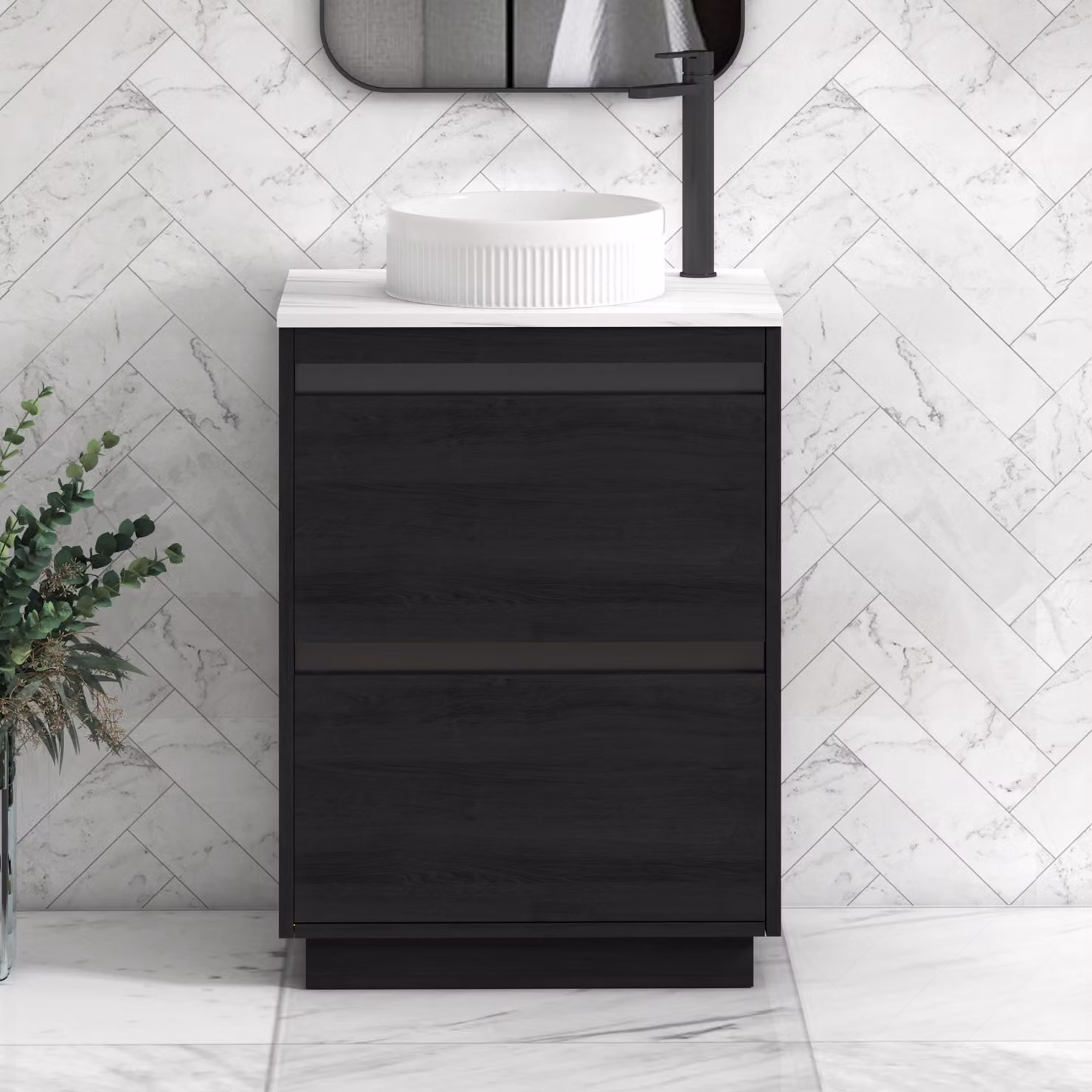 Orion Hale Black Floor Standing 2 Drawer Vanity Unit with Carrara White Countertop and Round Basin, Width: 80 cm