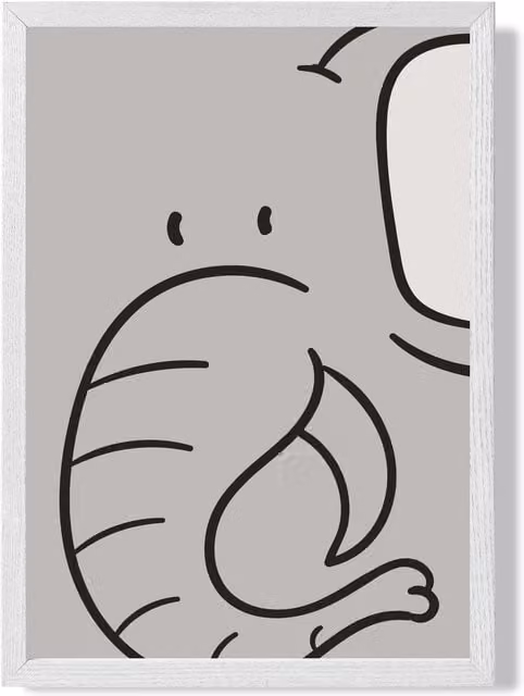 ARTZE Elephant Cartoon Style Framed Paper Poster, Grey and White, A2 – 1