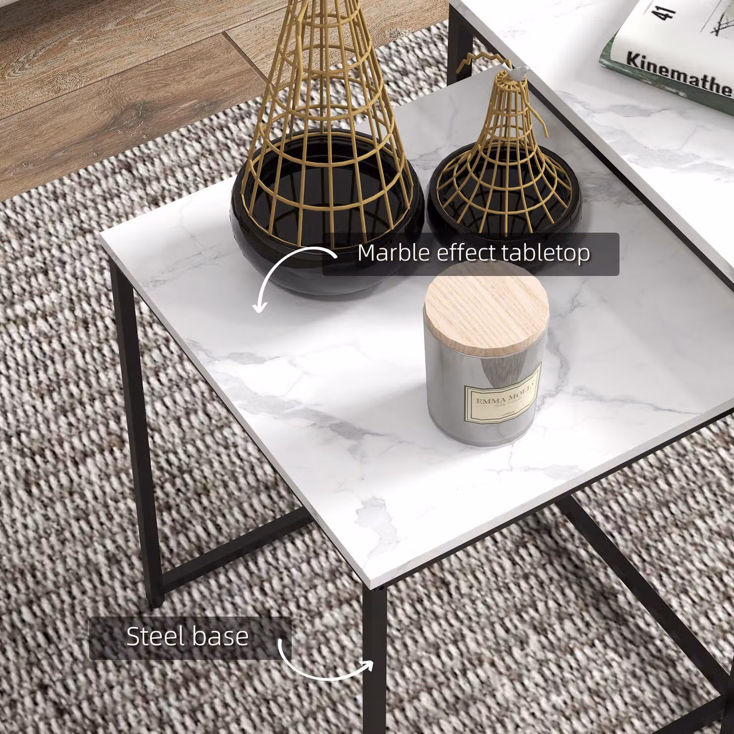 HOMCOM Set of 3 Nesting Side Tables with Faux Marble Effect Top and Steel Legs in White – 4
