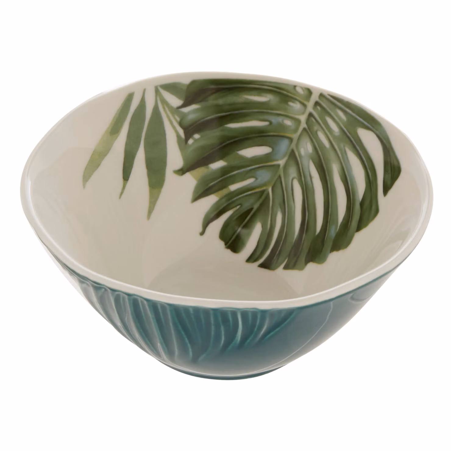 Orsina Porcelain Small Salad Bowl with Floral Tropical Leaf Design in Green and White – 2