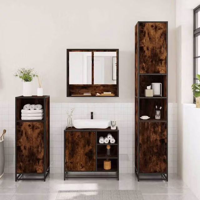 Berkfield Home 3 Piece Industrial Bathroom Furniture Set in Smoked Oak Brown featuring Mirror Cabinet, Vanity Unit and Tall Cabinet