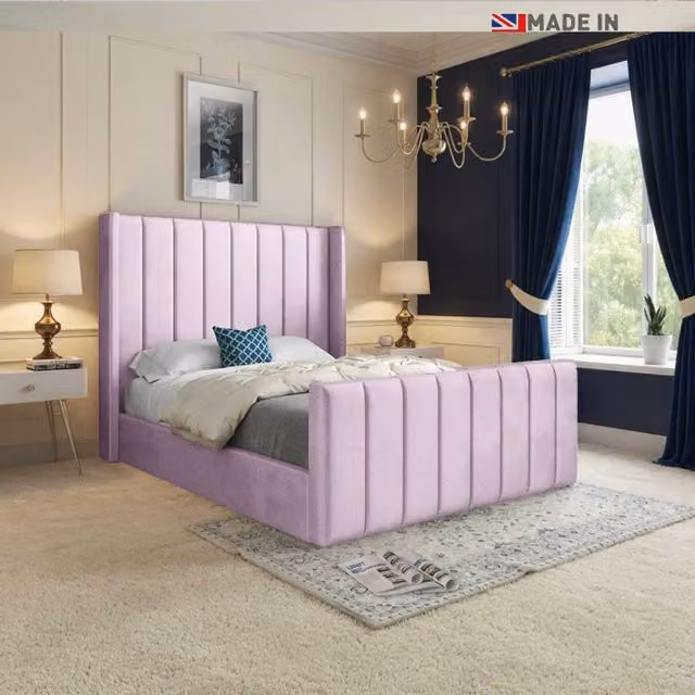 KDMD Sturminster Winged Upholstered Designer Bed Frame in Pink Soft Velvet, W/D/H: 90 x 200 cm