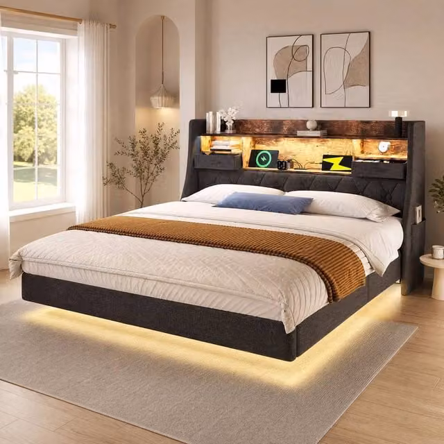 STILVORA King Size Upholstered Bed in Grey with LED Lighting, Storage Drawers, USB Charging Port and Bedside Shelf, W/D/H: 180 x 200 x 114 cm – 1