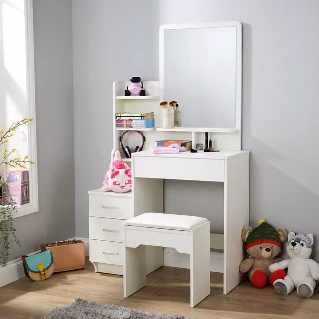 Home Source Arlo 4 Drawer Dressing Table Vanity Desk with Mirror and Cushioned Stool in White