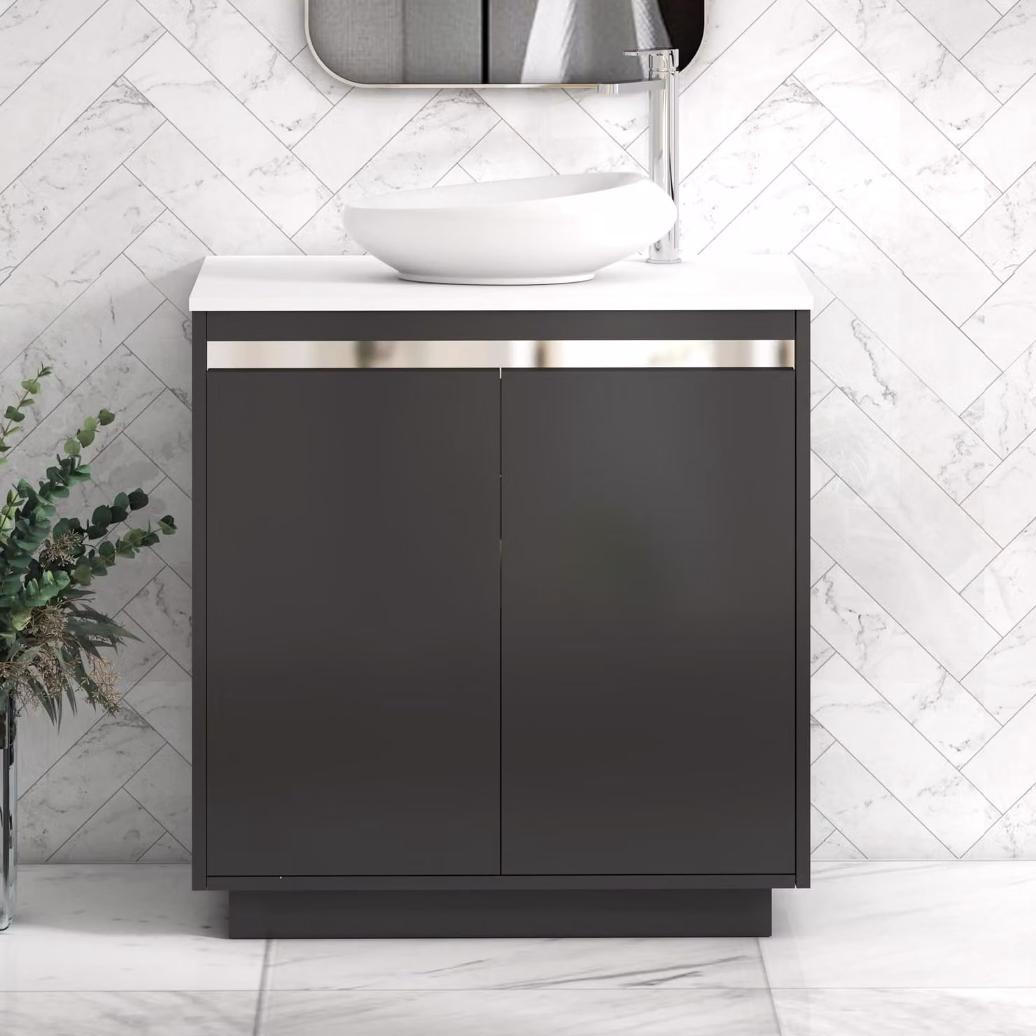 Royal Bathrooms Orion 800mm Matt Obsidian Black Floor Standing 2 Door Vanity Unit with White Nova Basin and Chrome Accent Trim