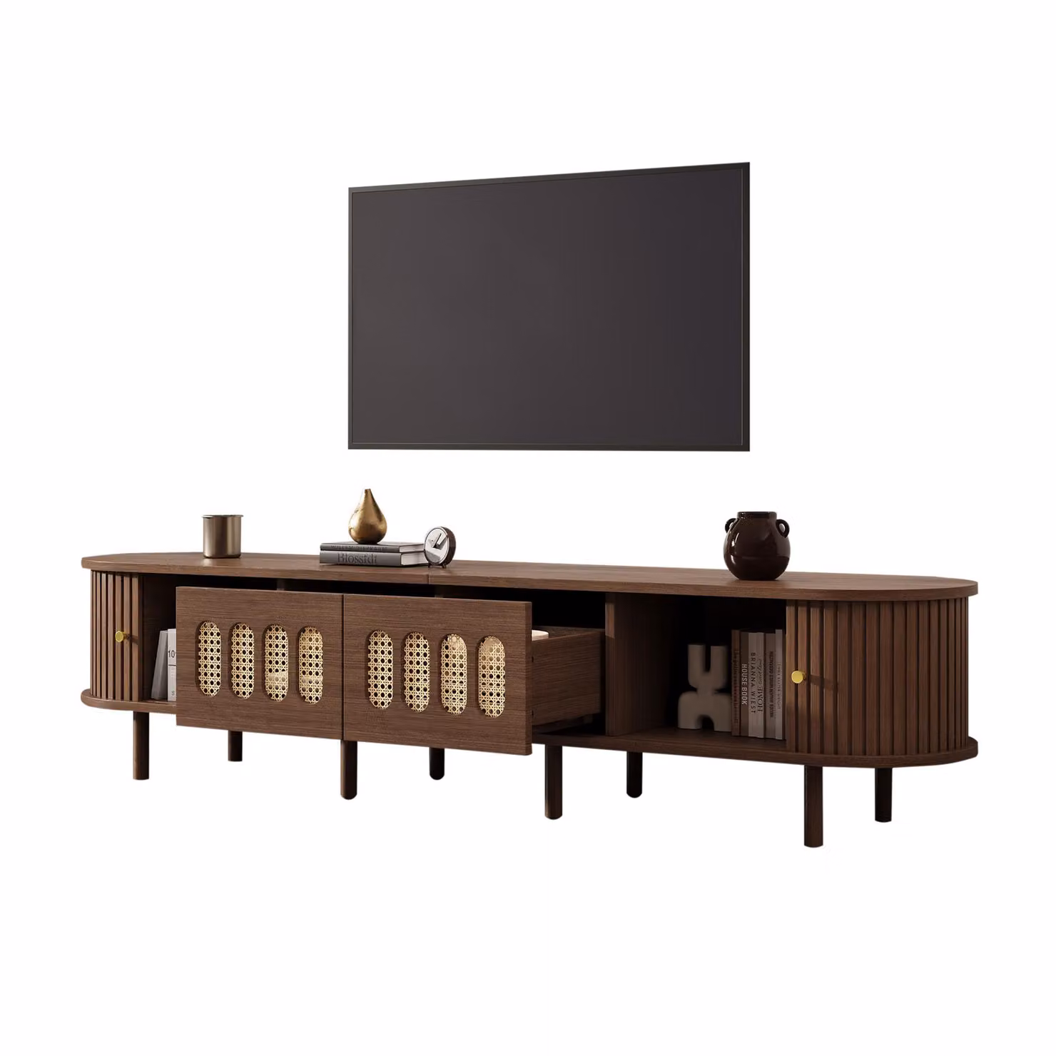 Aosom UK Modern TV Stand with 2 Rattan-Effect Drawers in Brown, W: 180 cm, D: 40 cm, H: 40 cm – 2
