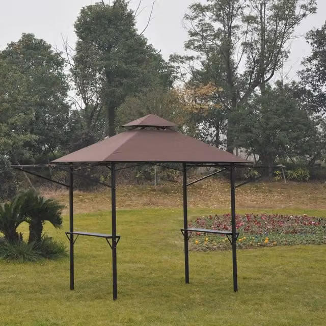 Outsunny Waterproof BBQ Tent Picnic Gazebo with Shelving in Brown and Black