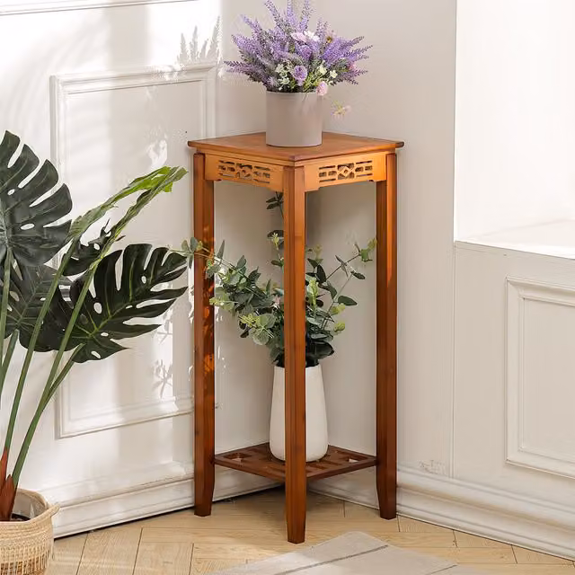 Livingandhome Brown Bamboo 2-Layer Square Plant and Bonsai Display Shelf