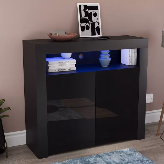 HD Designs Nova 2 Door LED Sideboard Cabinet in Black, W/D/H: 107 x 97 x 35 cm – 1