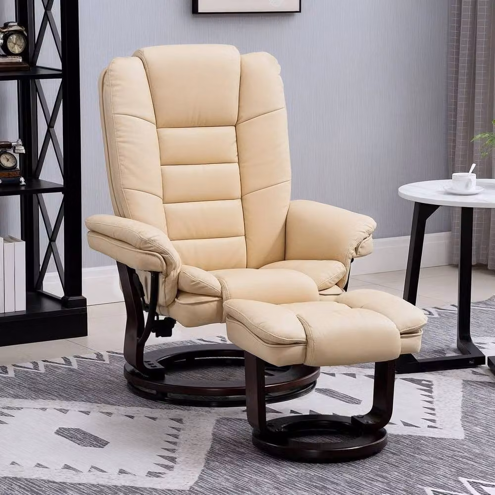 FORGEVIO Modern Beige PU Leather Swivel Lounge Chair with Ottoman – 4