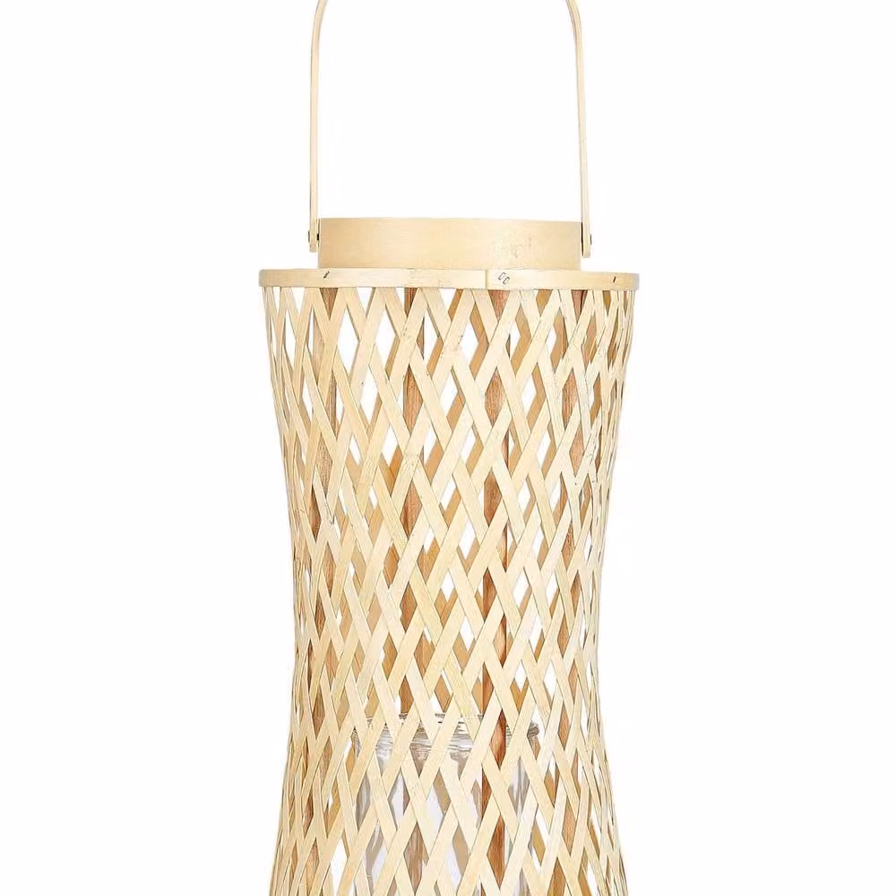 Wyld and Coco Natural Bamboo Candle Lantern with Transparent Glass Insert, Beige, Height: 38 cm