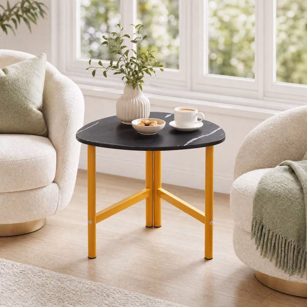 Gymax Modern Triangle Coffee Table with Black Metal Legs and Marble Top – 2