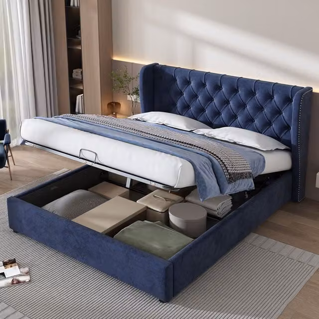 Matteo Luxurious Blue Velvet Upholstered Bed with Hydraulic Lift-Up Storage, W/D/H: 140 x 200 x 135 cm – 1