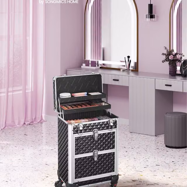 SONGMICS Makeup Trolley with 2 Drawers and Wheels, Black