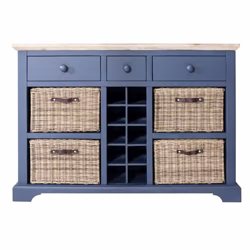 Statement Furniture Florence Sideboard in Navy Blue with Acacia Wood Top, 3 Drawers, 4 Storage Baskets and Wine Rack, W: 120 cm, H: 85 cm, D: 42 cm – 2