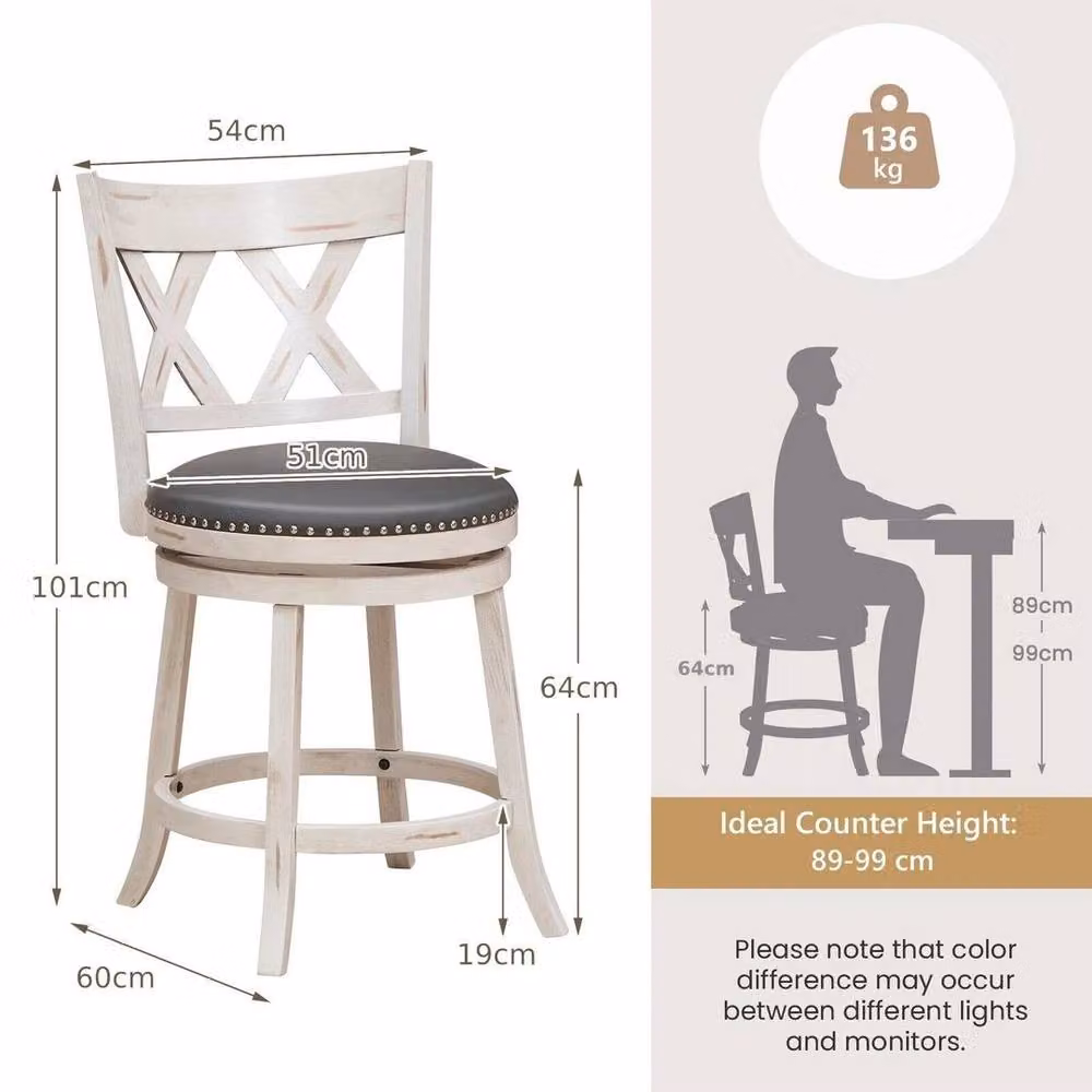 NESTLUNE 2-Pack Grey 360 Degree Swivelling Counter Height Bar Stools with Synthetic Leather Upholstery – 2