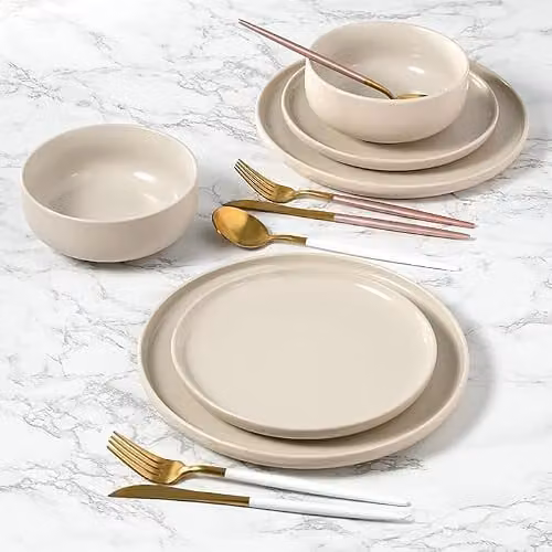 Waterside 12-Piece Stone and Cream Coupe Stoneware Dinner Set in Beige