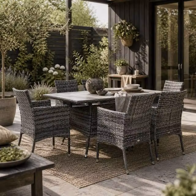 Wyld Haus Zila 6 Seater Grey Rattan Outdoor Dining Set with Glass Table and Cushioned Seating