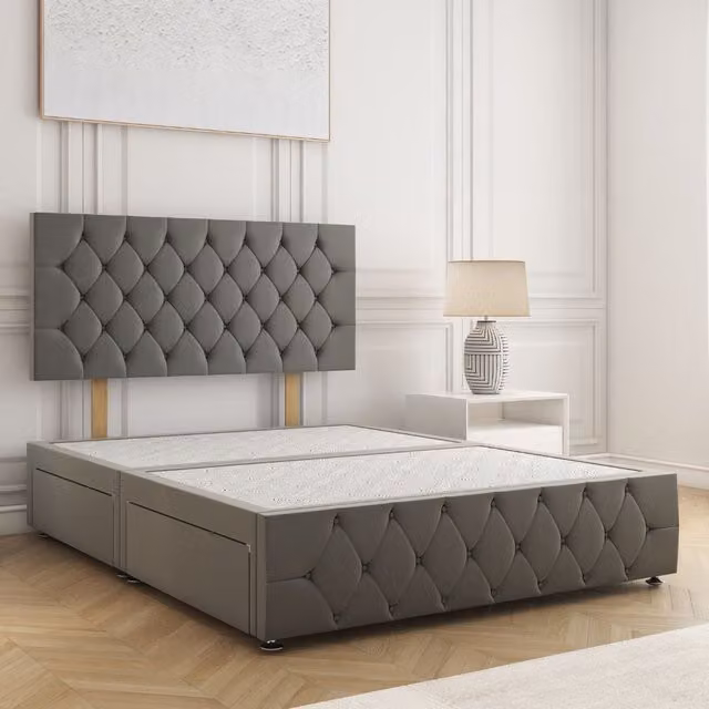 BSSPOKE Mulberry King Size Velvet Divan Bed in Grey with 24 inch Headboard and 2 Drawers, W/D/H: 180 x 200 cm
