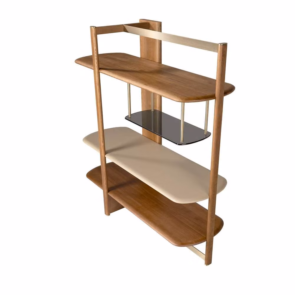 Angel Cerda Smoked-Glass Shelving Unit in Walnut with Gold Details and Lacquered Finish, W/D/H: 140 x 50 x 162 cm – 4