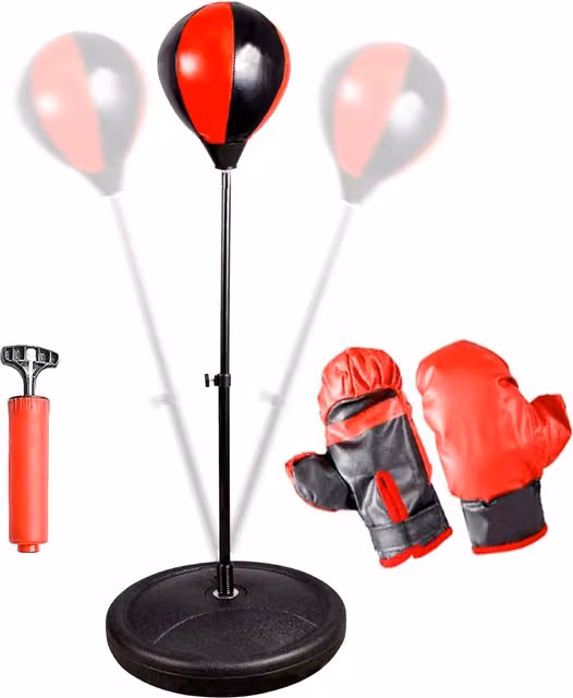 The Magic Toy Shop Kids Boxing Set with Punch Bag, Gloves and Stand in Black and Red