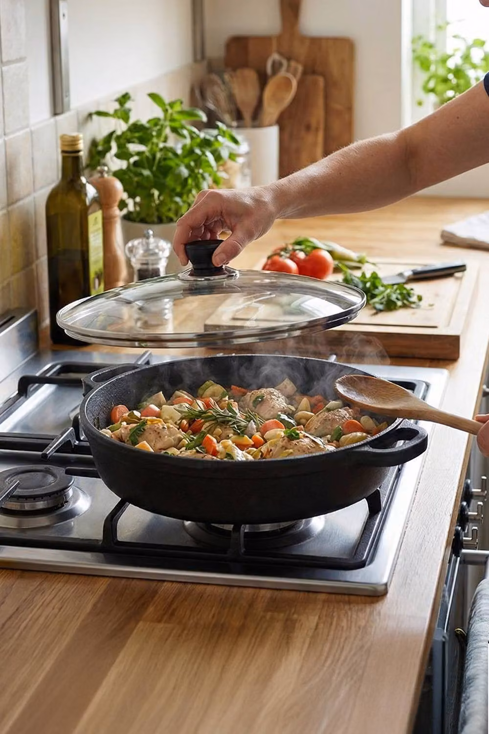 Garden Sanctuary Pre-Seasoned Round Cast Iron Braiser Pan with Glass Lid in Black – 3
