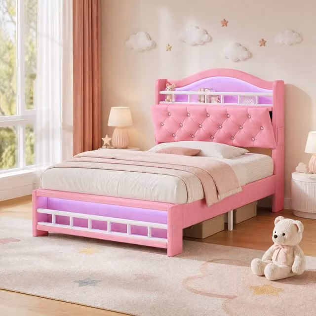 STILVORA Pink Velvet Upholstered 3ft Single Bed Frame with USB Charging Port and Under-bed Lighting, W: 90 cm, L: 190 cm, H: 117 cm – 1