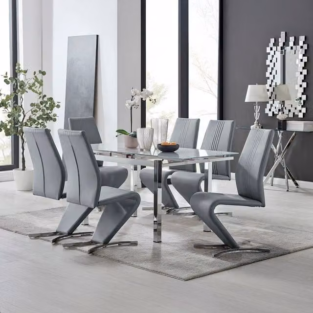 FurnitureboxUK Enna White Glass Extending Dining Table and 6 Willow Chairs in Grey