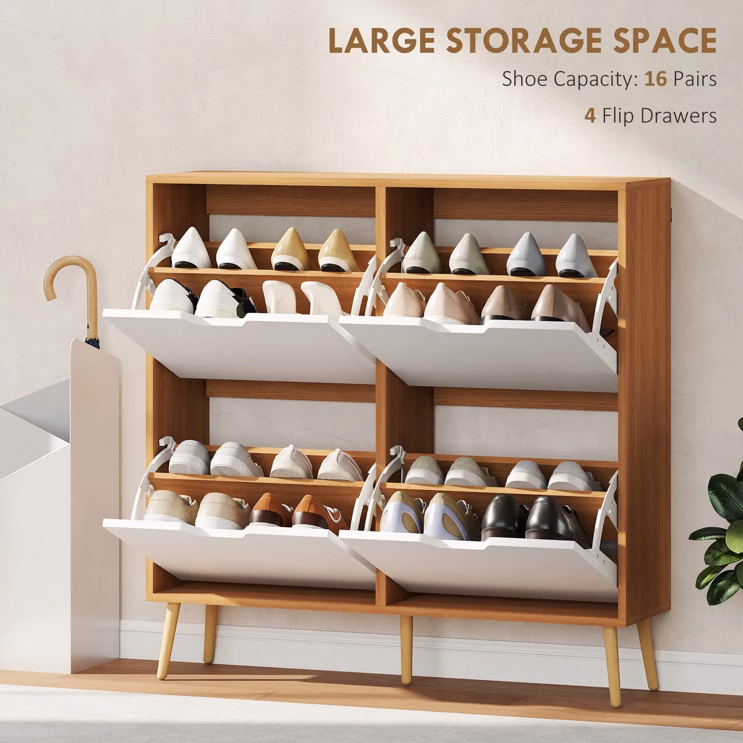 HOMCOM White Shoe Storage Cabinet with 4 Tilting Compartments for 16 Pairs of Shoes – 4