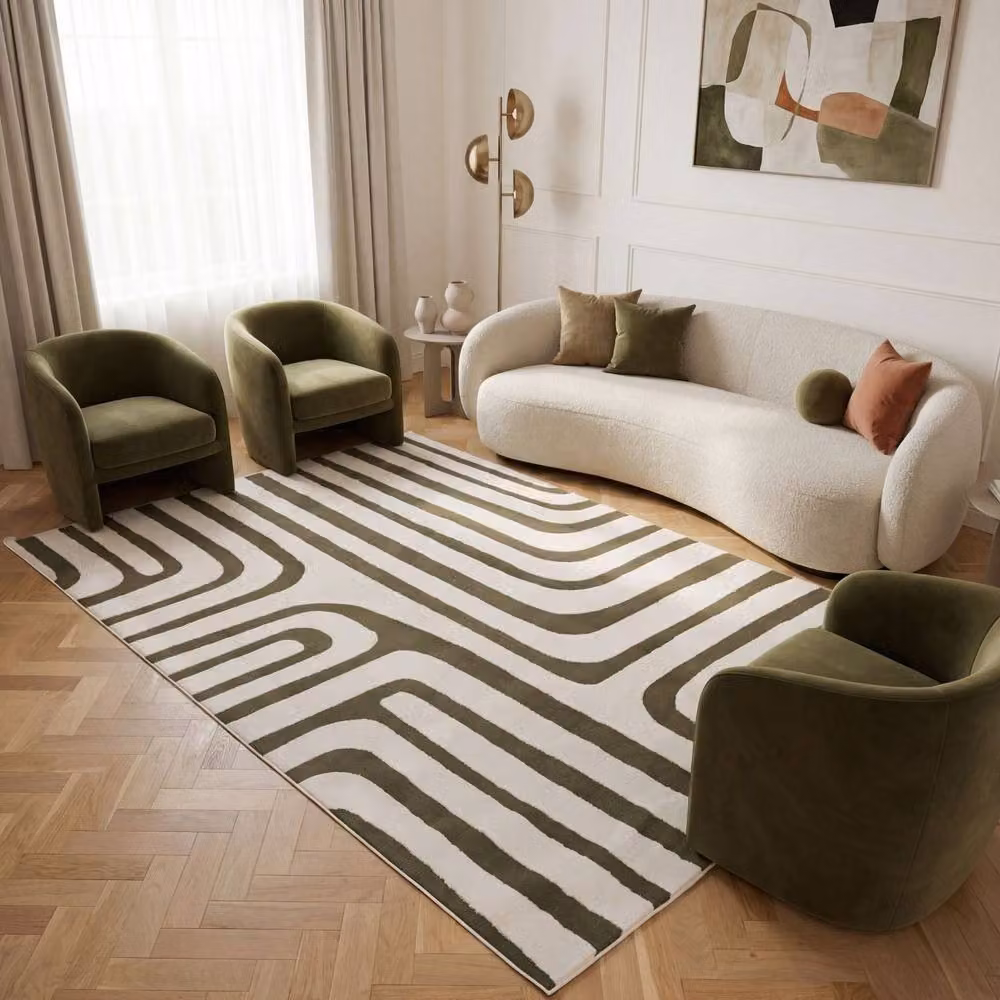 THE RUGS Loft Curved Line Living Room Area Rug in Olive Green, W/D: 120 x 170 cm – 3