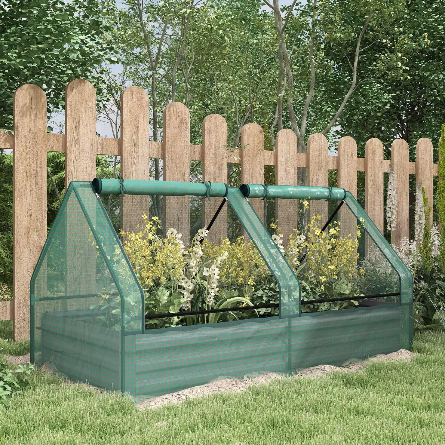 Outsunny Metal Raised Garden Bed with Greenhouse Cover in Green for Herbs and Vegetables – 2