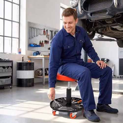 HOMCOM Pneumatic Adjustable Mechanic Stool with Castors, Red/Orange, Diameter: 40 cm – 7