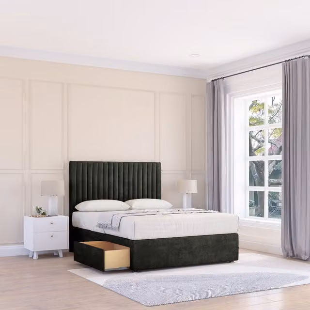 Sloomy Manhattan Small Single Divan Bed Base with 2 Drawers and 54 inch Floor Standing Headboard in Dark Grey Velvet Fabric