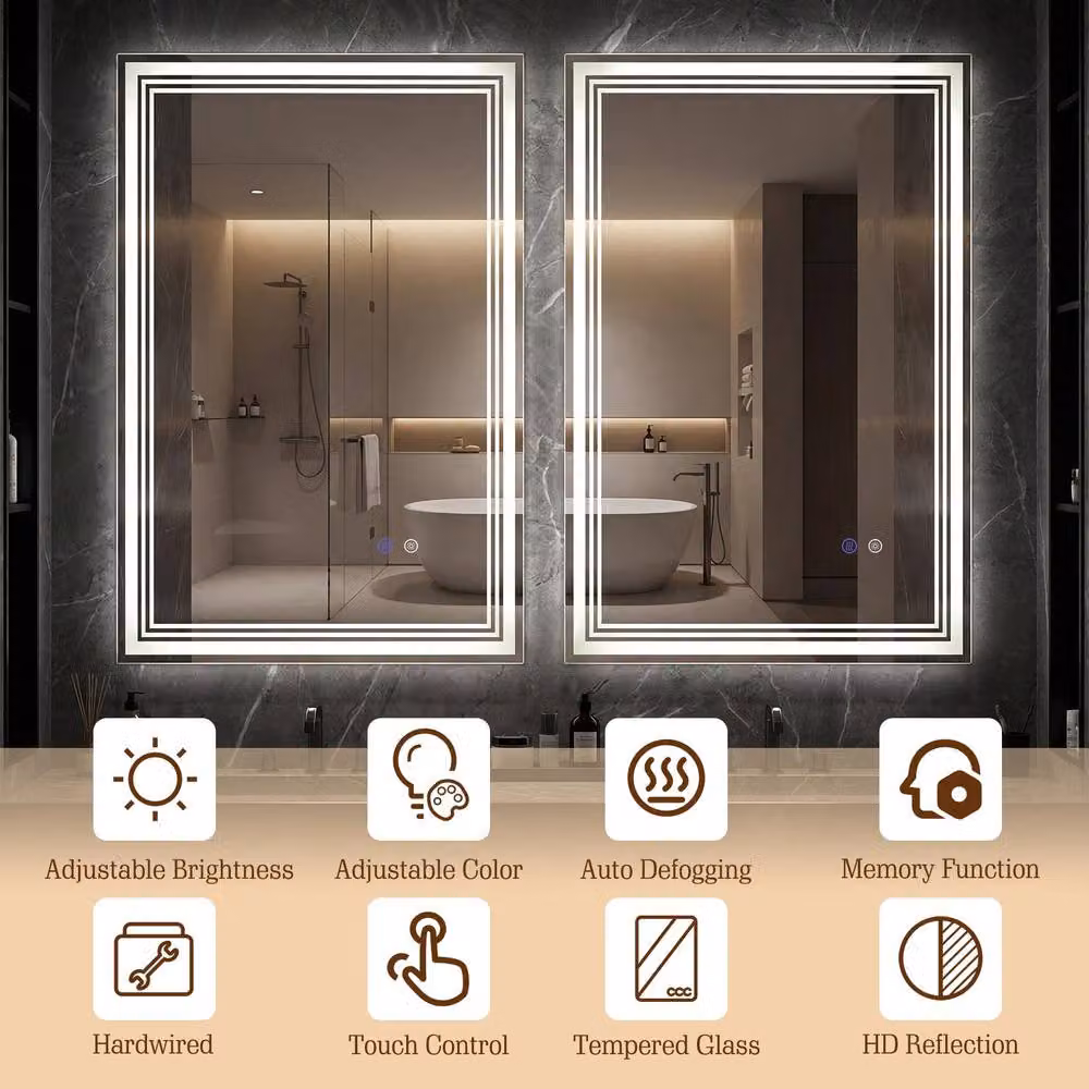 Costway LED Rectangular Wall Vanity Bathroom Mirror in White W: 70 cm x H: 70 cm – 8